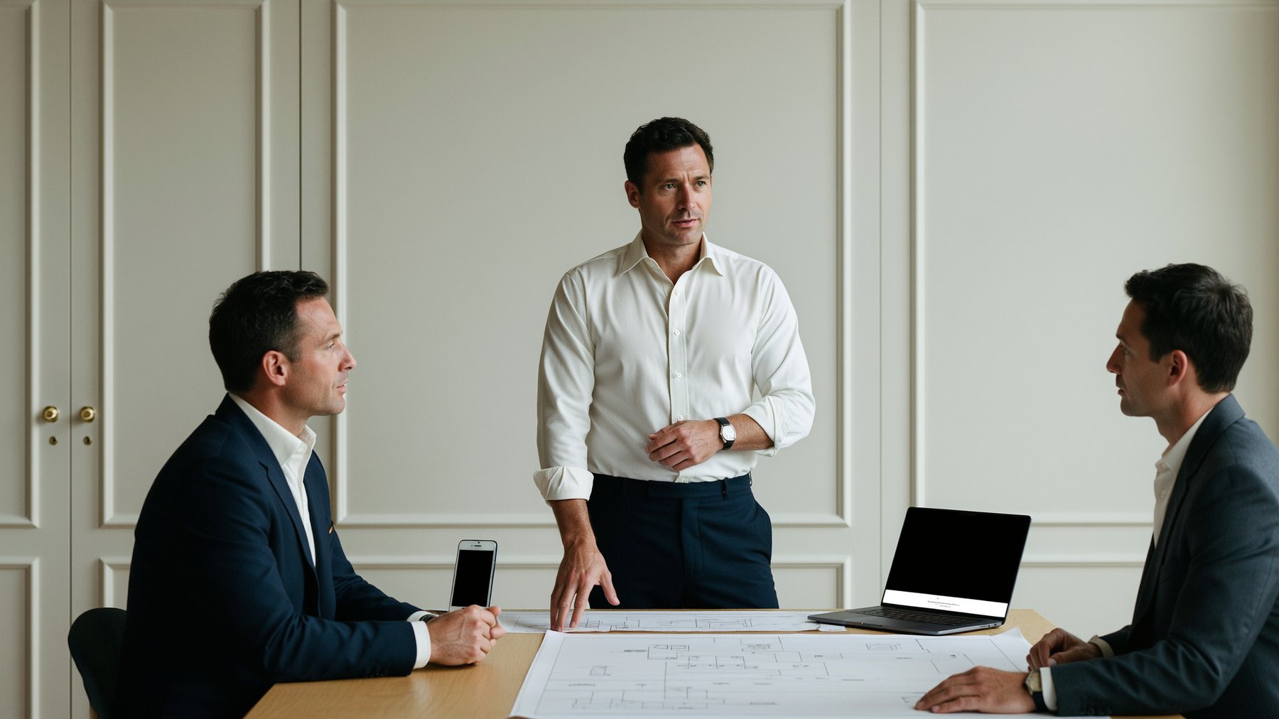A man in a white shirt stands at a meeting table over a set of plans, a colleague seated beside him