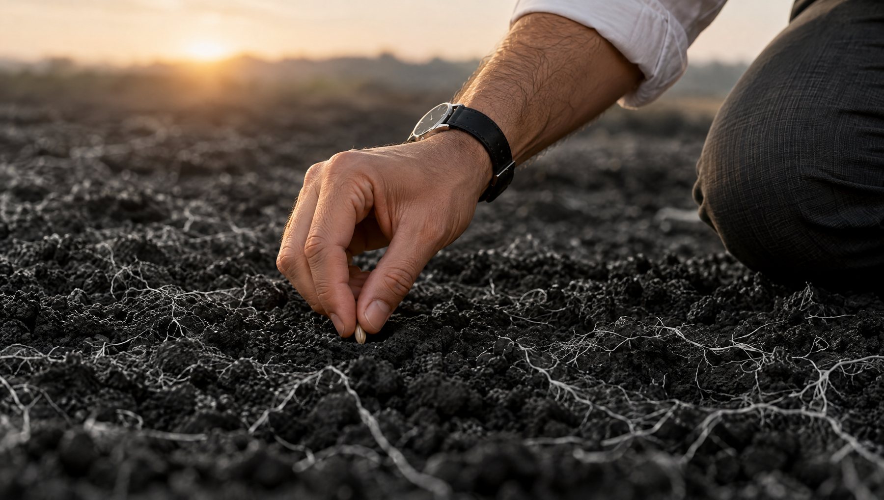 A hand presses a seed into dark soil, fine white roots spreading beneath the surface