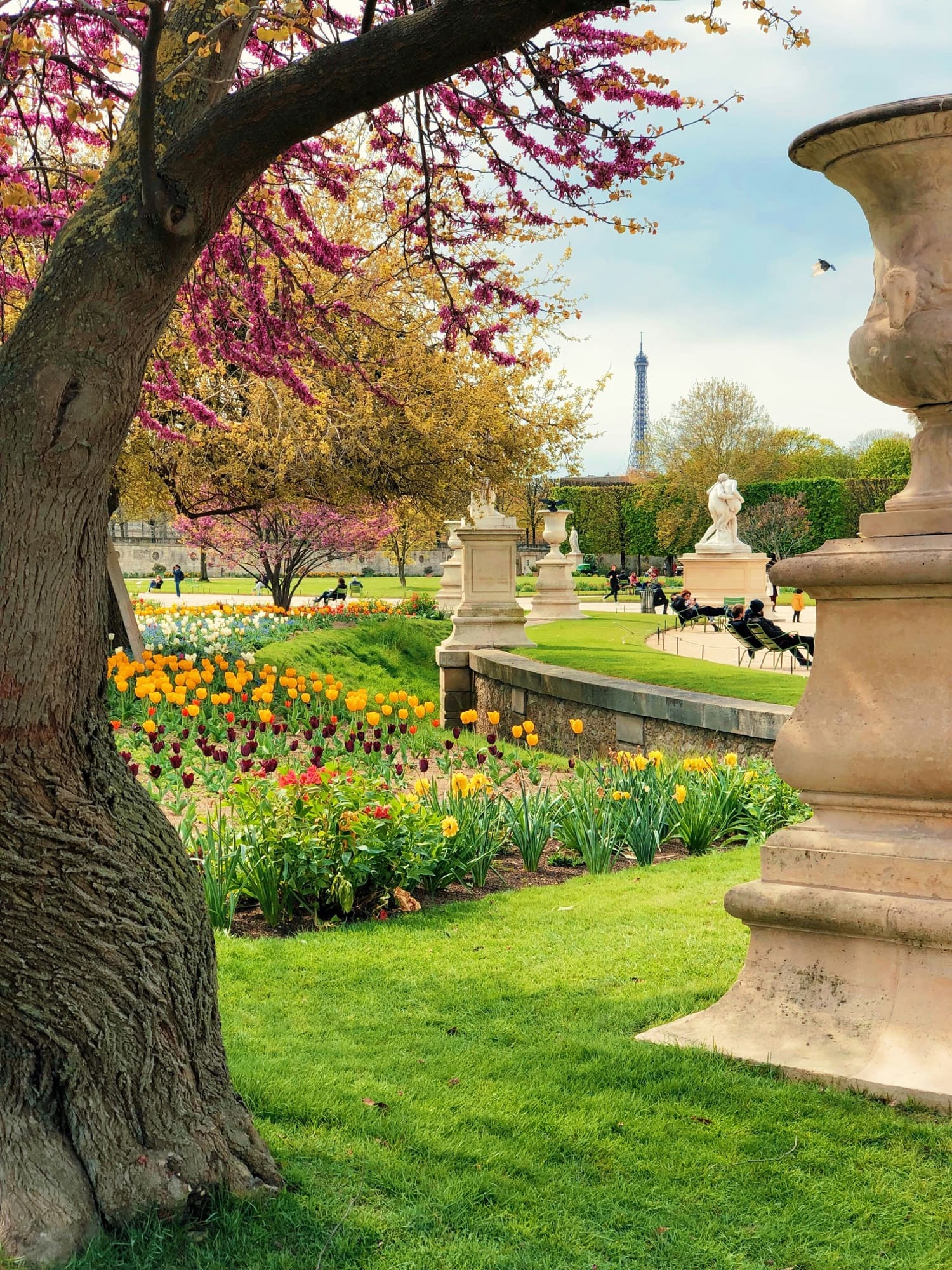 People resting together in a flourishing Paris garden